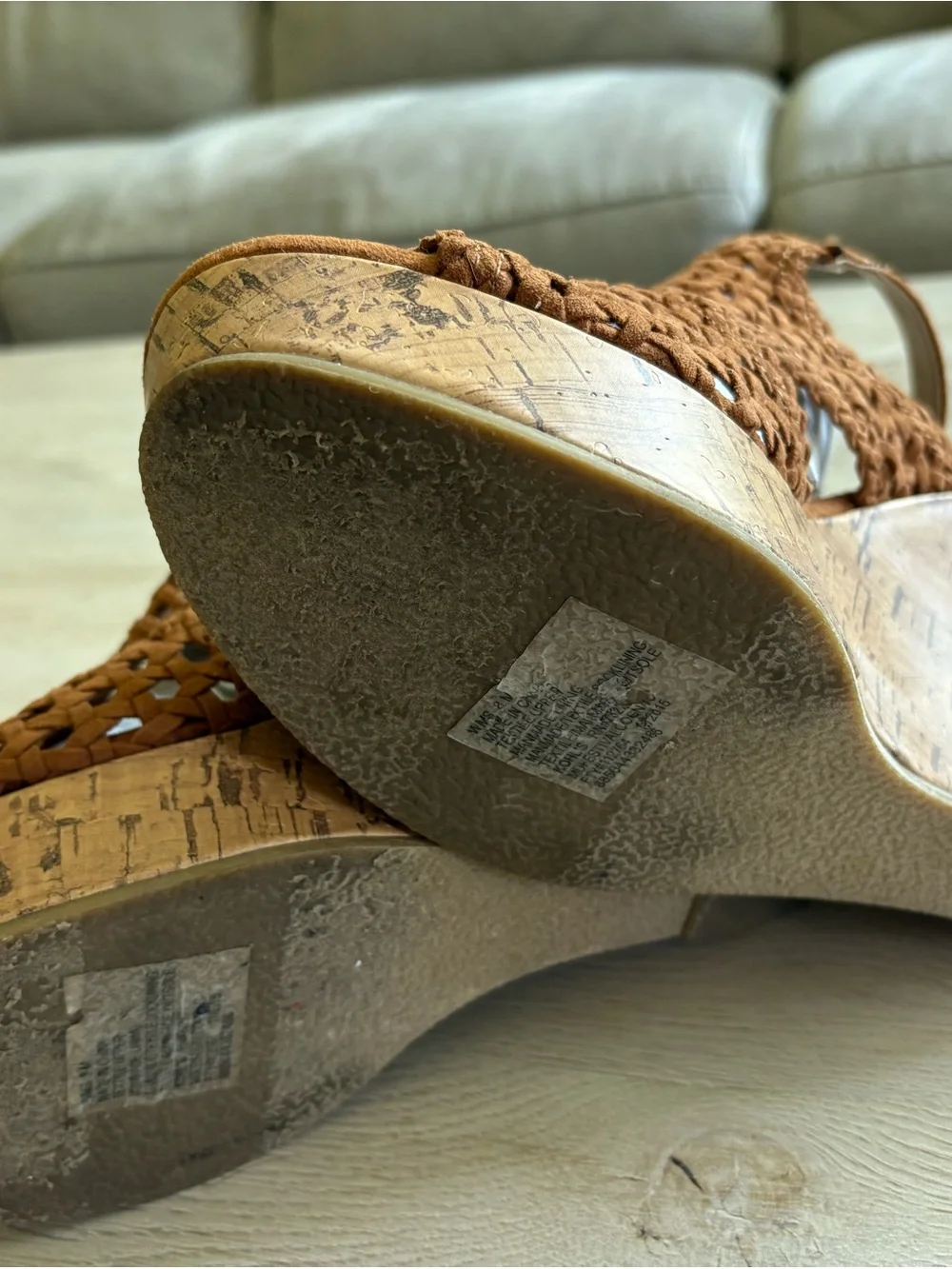 Mudd Cognac Woven Boho Cork Wedge Sandals Size 8M Ankle Strap Platform